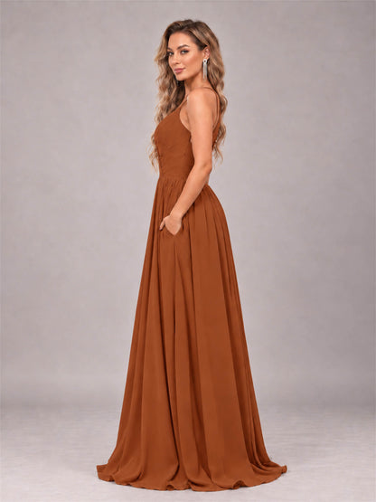 Burnt Orange Trendy V-Neck Spaghetti Straps Long Chiffon Bridesmaid Dress