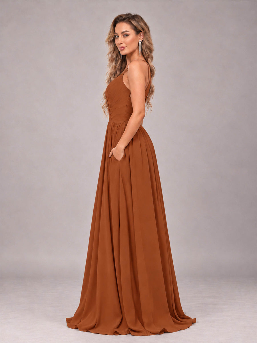 Burnt Orange Trendy V-Neck Spaghetti Straps Long Chiffon Bridesmaid Dress