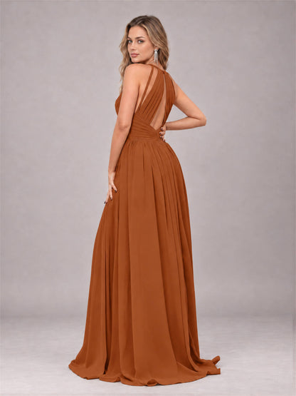Burnt Orange Trendy V-Neck Spaghetti Straps Long Chiffon Bridesmaid Dress