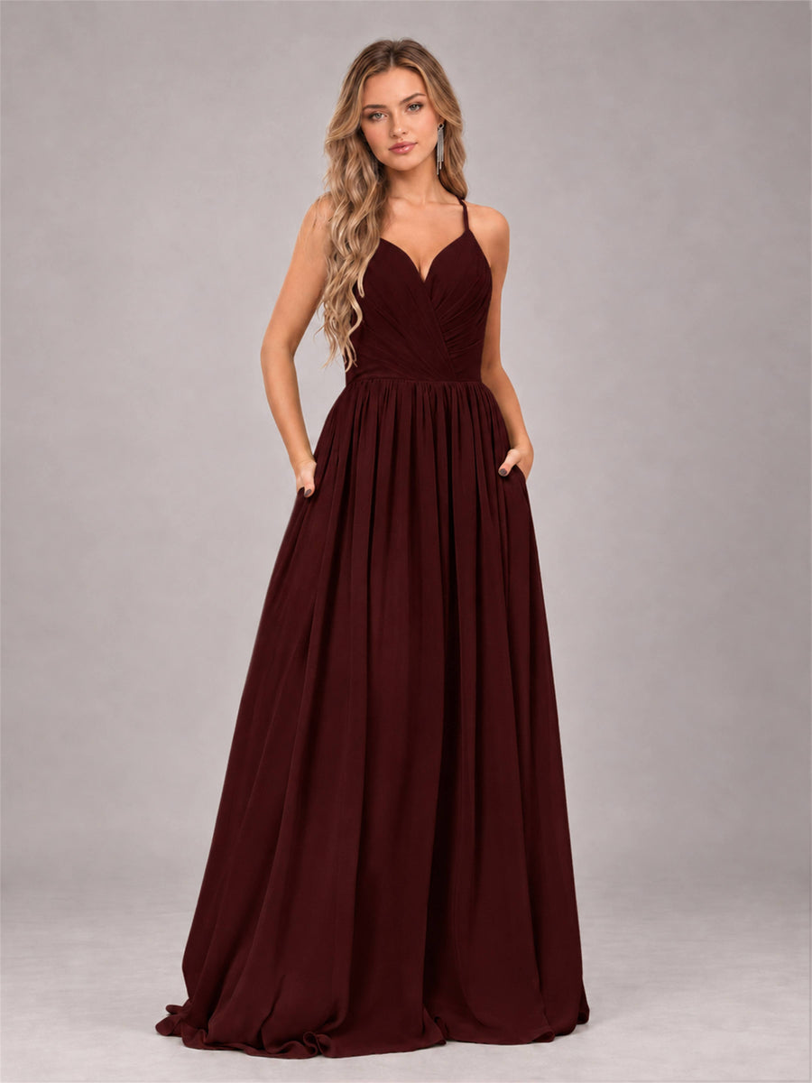 Cabernet Trendy V-Neck Spaghetti Straps Long Chiffon Bridesmaid Dress