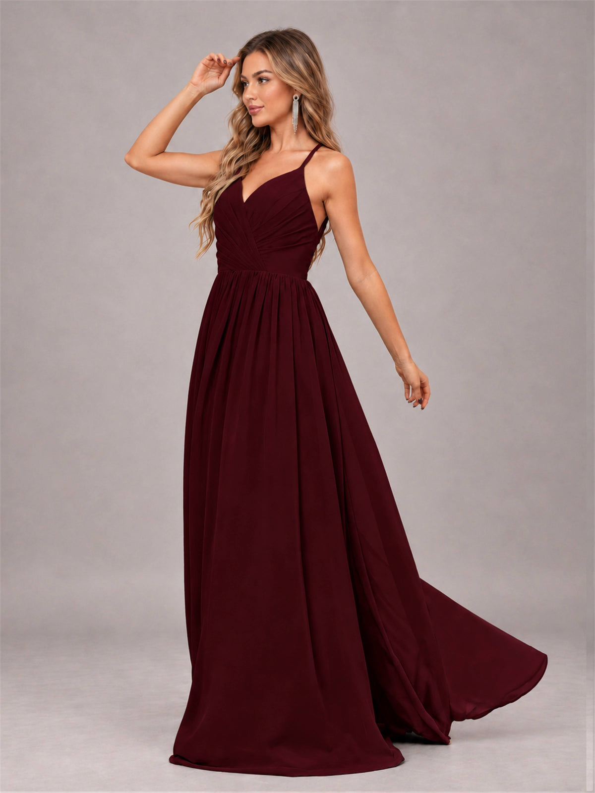 Cabernet Trendy V-Neck Spaghetti Straps Long Chiffon Bridesmaid Dress