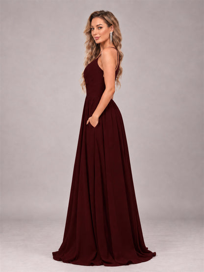 Cabernet Trendy V-Neck Spaghetti Straps Long Chiffon Bridesmaid Dress