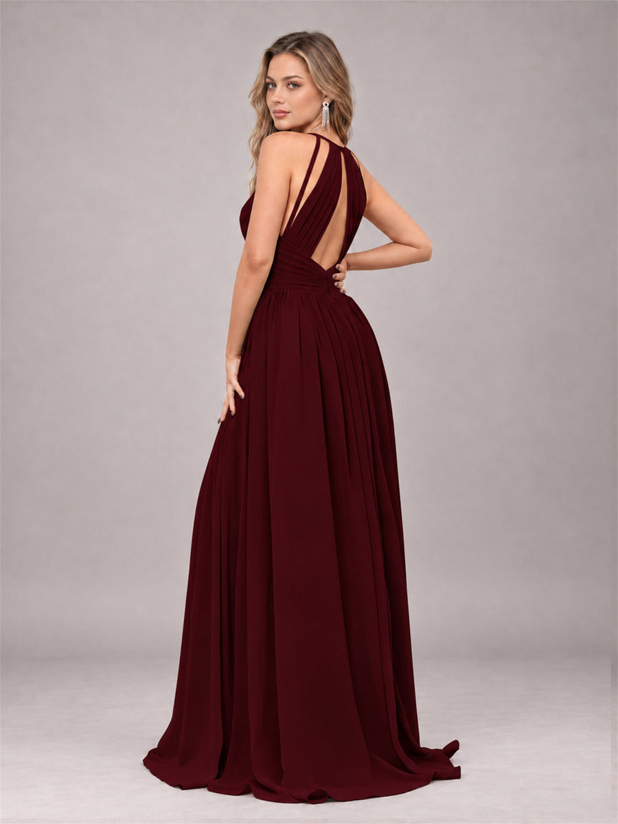 Cabernet Trendy V-Neck Spaghetti Straps Long Chiffon Bridesmaid Dress