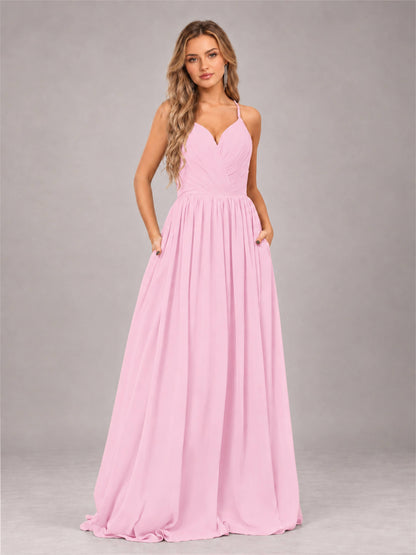 Candy Pink Trendy V-Neck Spaghetti Straps Long Chiffon Bridesmaid Dress