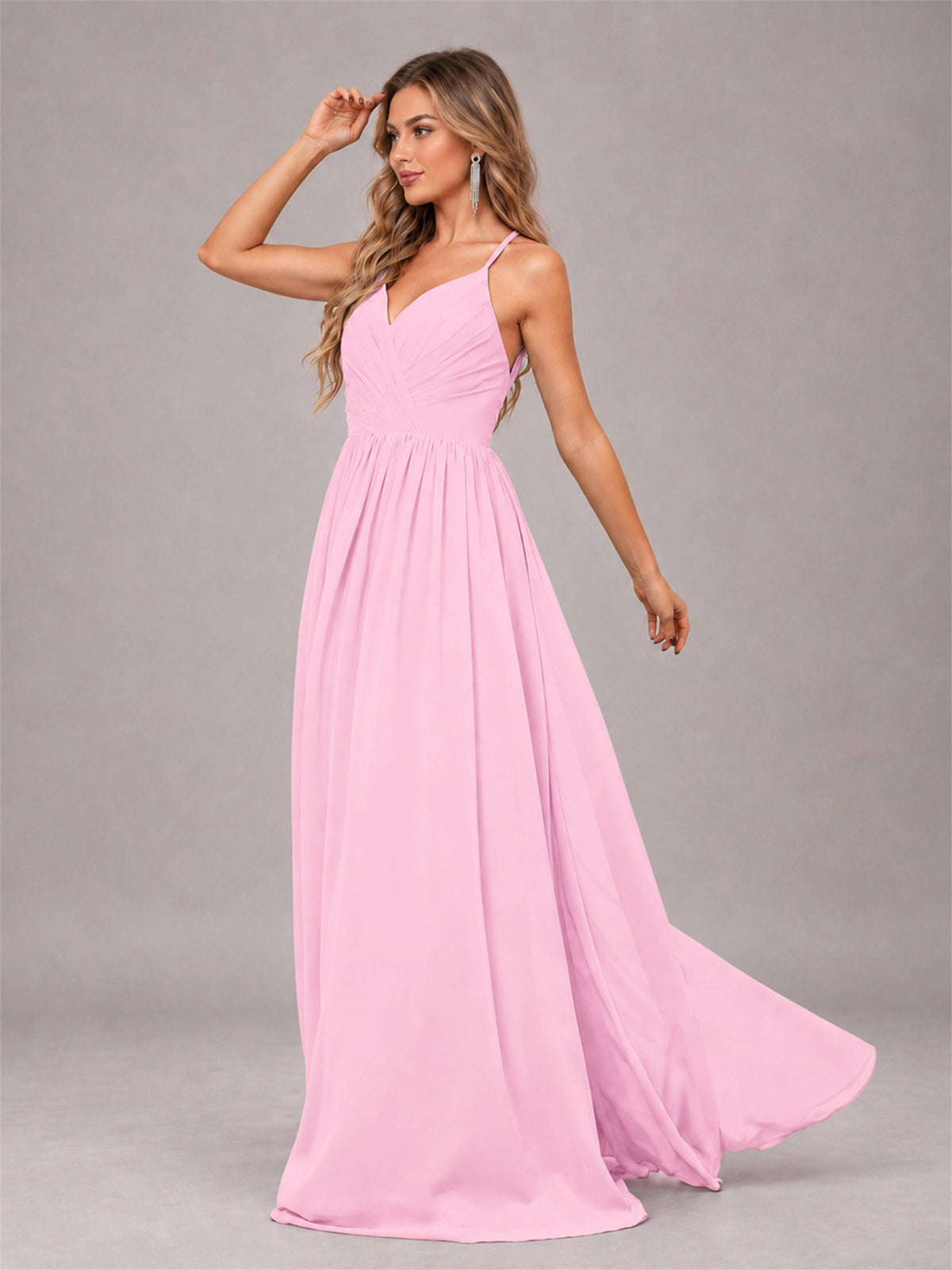 Candy Pink Trendy V-Neck Spaghetti Straps Long Chiffon Bridesmaid Dress