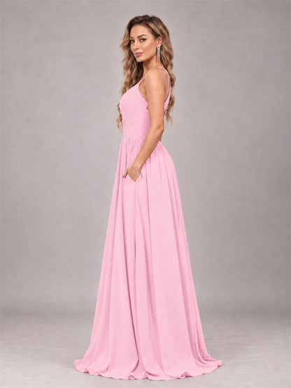 Candy Pink Trendy V-Neck Spaghetti Straps Long Chiffon Bridesmaid Dress