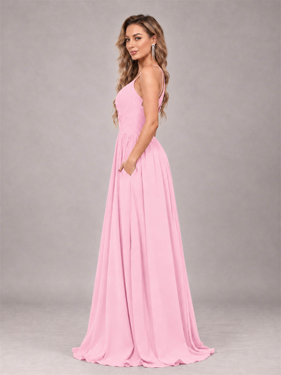 Candy Pink Trendy V-Neck Spaghetti Straps Long Chiffon Bridesmaid Dress