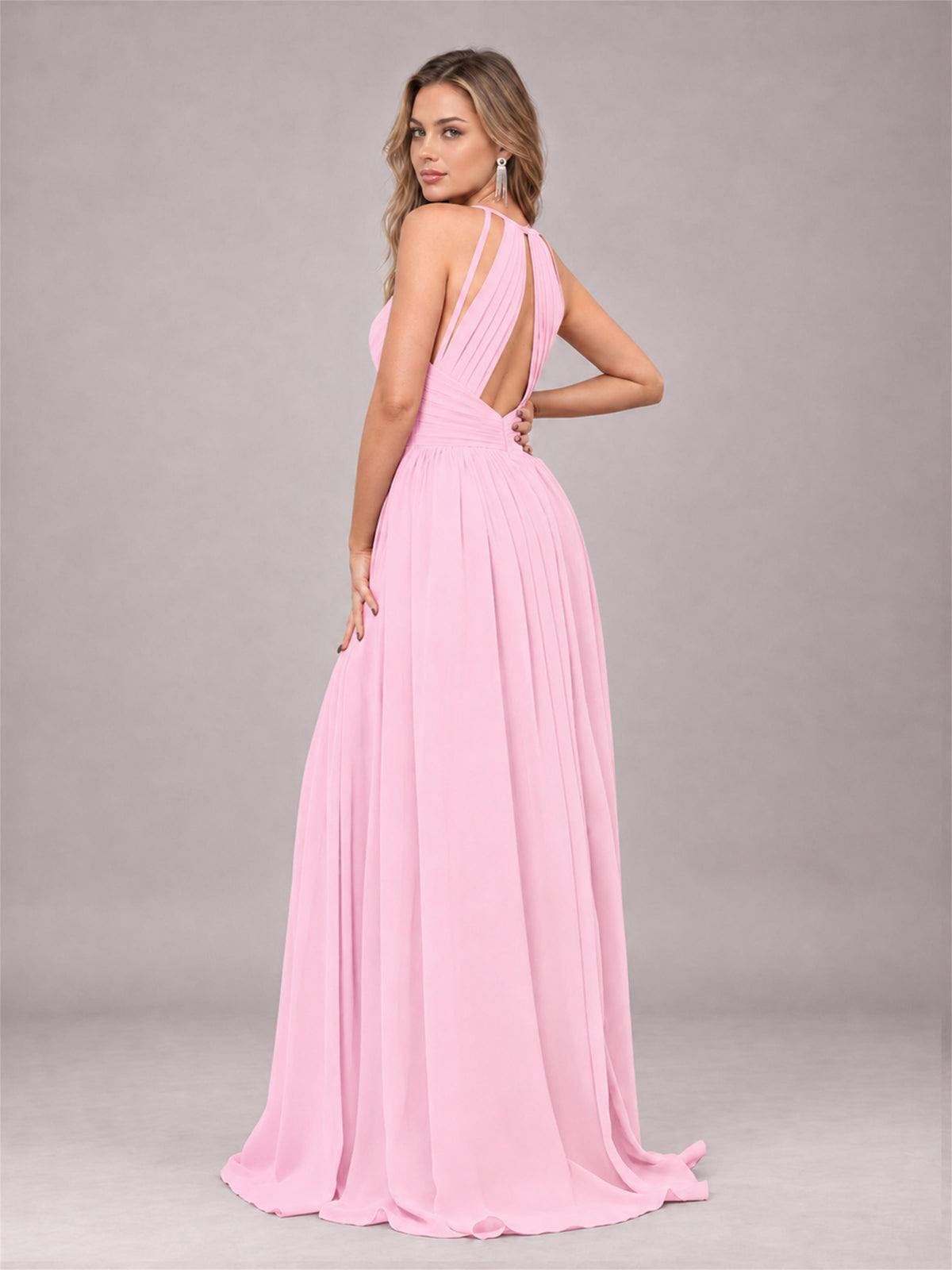 Candy Pink Trendy V-Neck Spaghetti Straps Long Chiffon Bridesmaid Dress