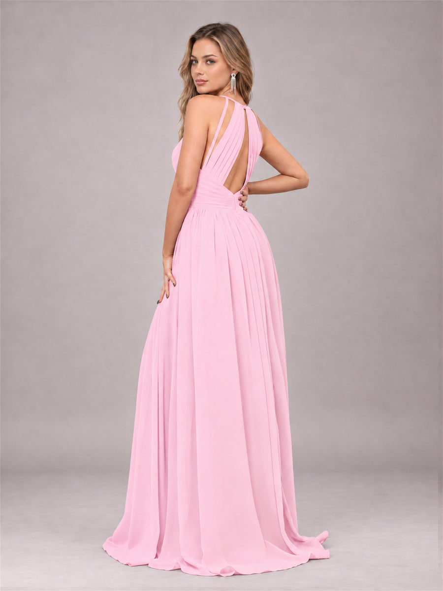 Candy Pink Trendy V-Neck Spaghetti Straps Long Chiffon Bridesmaid Dress