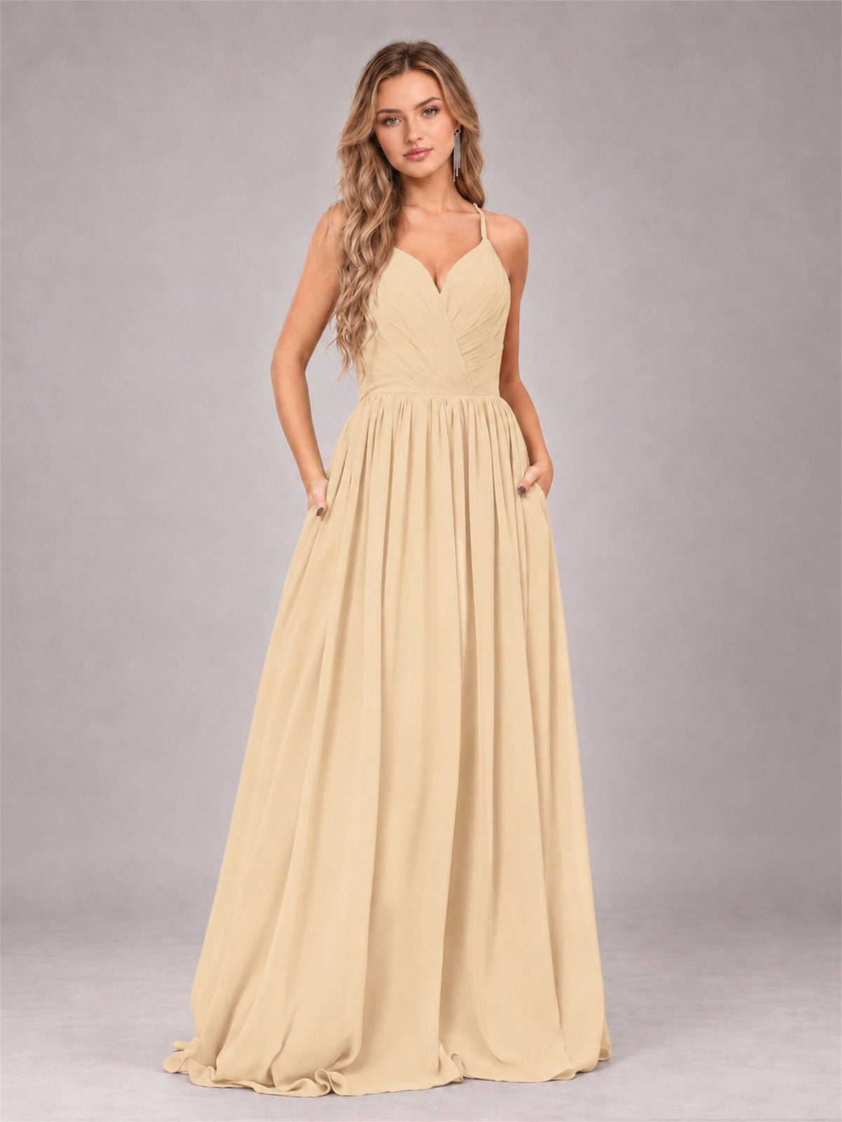 Champagne Trendy V-Neck Spaghetti Straps Long Chiffon Bridesmaid Dress