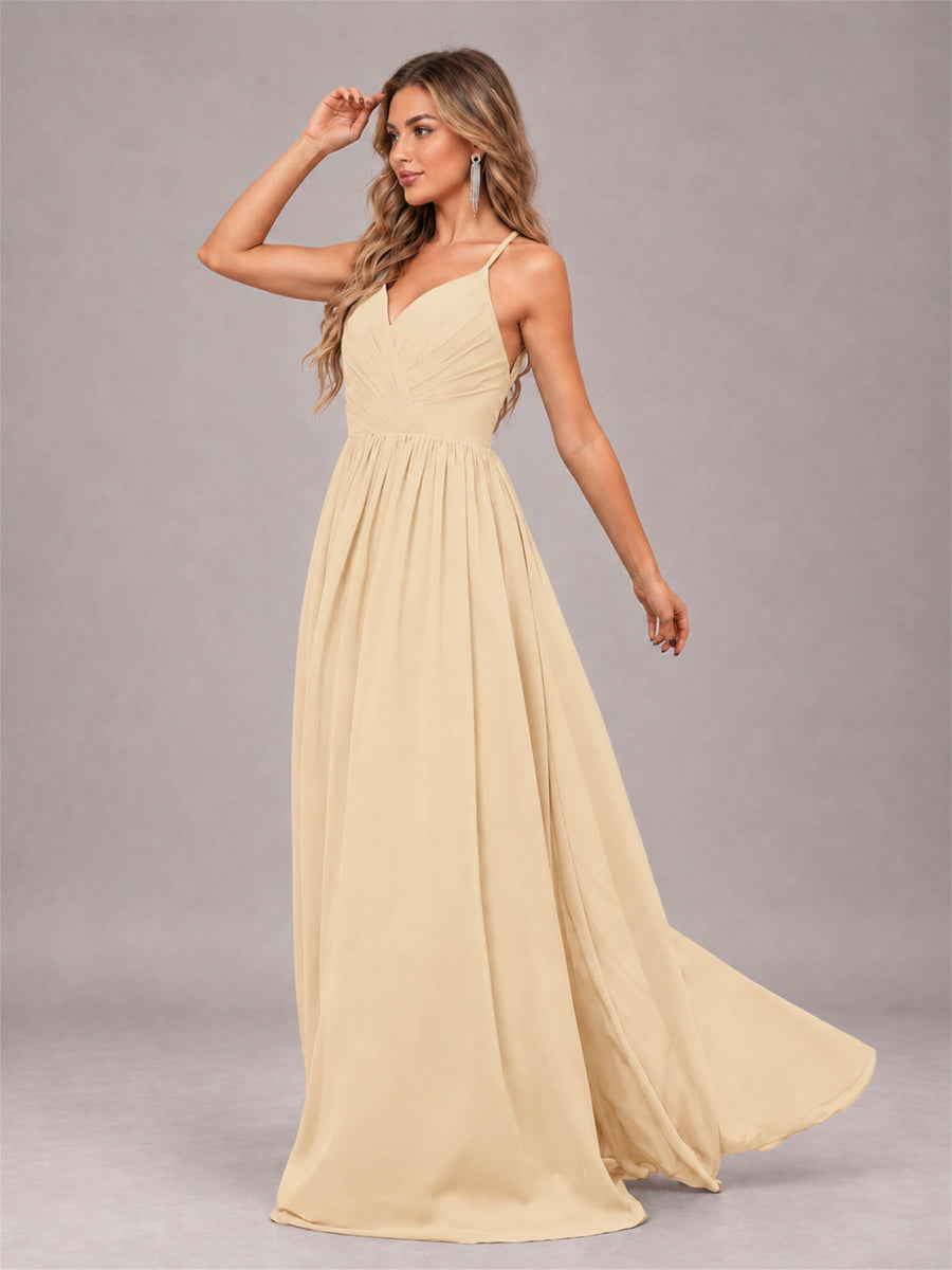 Champagne Trendy V-Neck Spaghetti Straps Long Chiffon Bridesmaid Dress