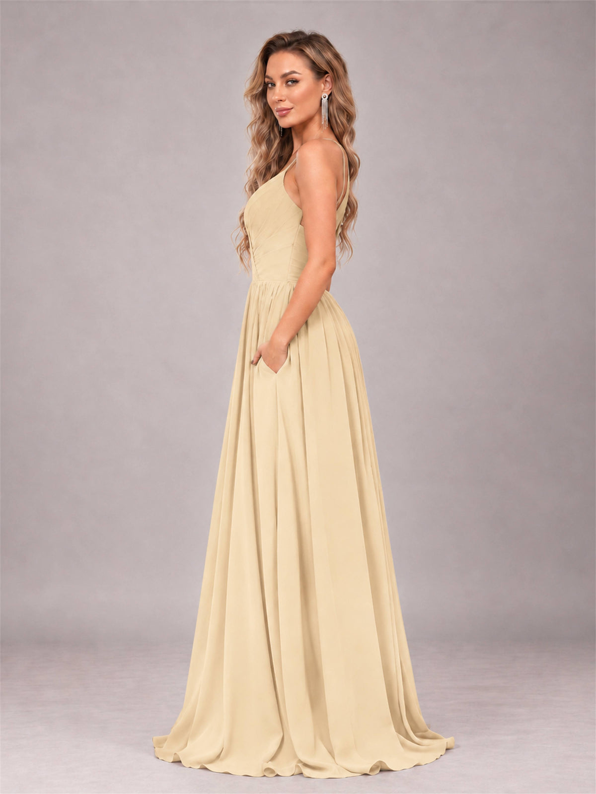 Champagne Trendy V-Neck Spaghetti Straps Long Chiffon Bridesmaid Dress