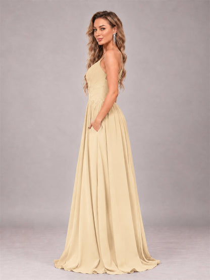 Champagne Trendy V-Neck Spaghetti Straps Long Chiffon Bridesmaid Dress