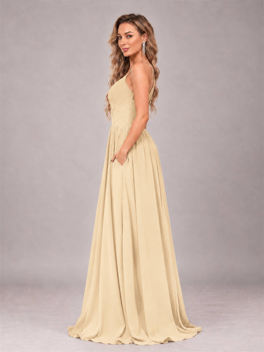 Champagne Trendy V-Neck Spaghetti Straps Long Chiffon Bridesmaid Dress