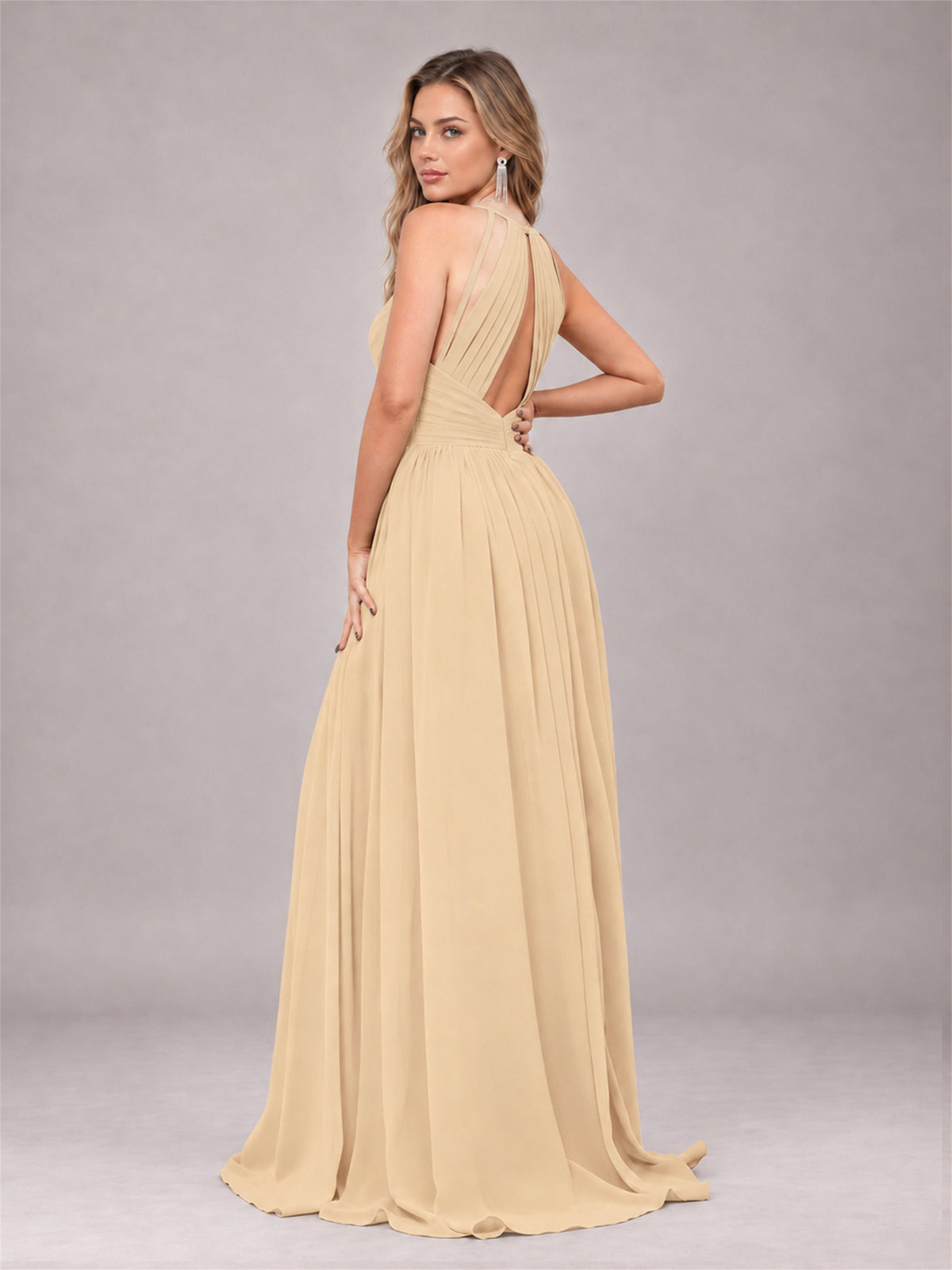 Champagne Trendy V-Neck Spaghetti Straps Long Chiffon Bridesmaid Dress