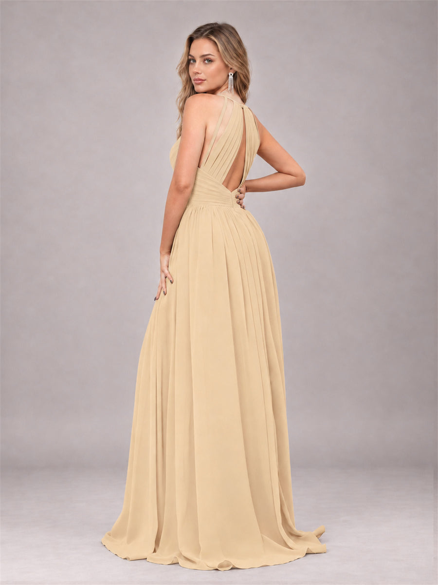 Champagne Trendy V-Neck Spaghetti Straps Long Chiffon Bridesmaid Dress
