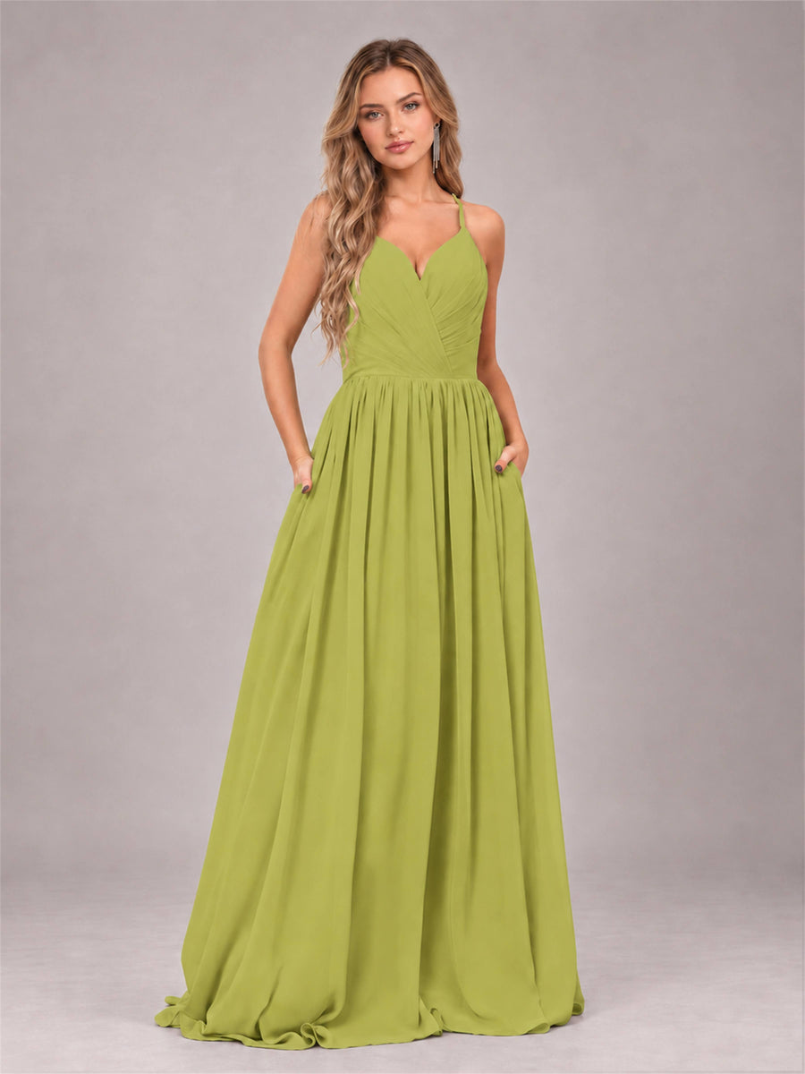 Chartreuse Trendy V-Neck Spaghetti Straps Long Chiffon Bridesmaid Dress