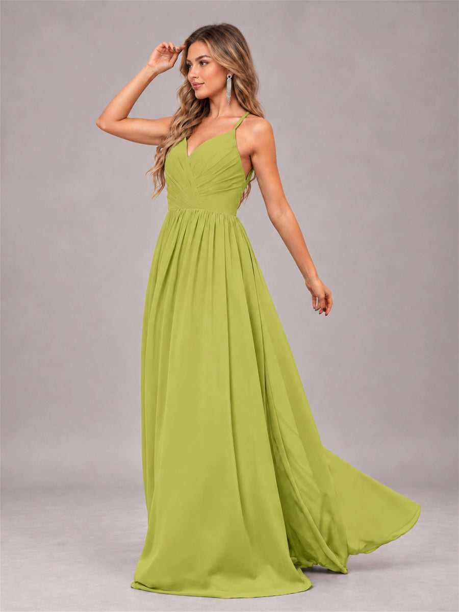 Chartreuse Trendy V-Neck Spaghetti Straps Long Chiffon Bridesmaid Dress