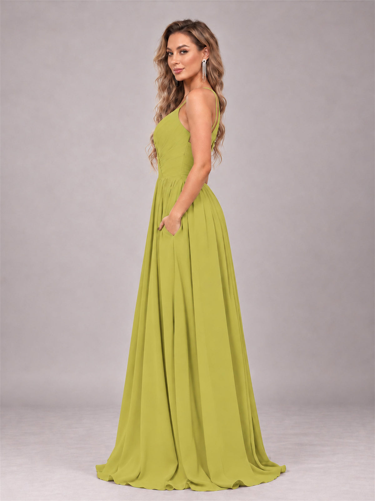 Chartreuse Trendy V-Neck Spaghetti Straps Long Chiffon Bridesmaid Dress