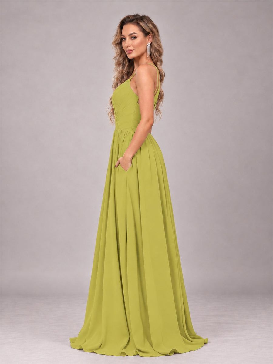 Chartreuse Trendy V-Neck Spaghetti Straps Long Chiffon Bridesmaid Dress