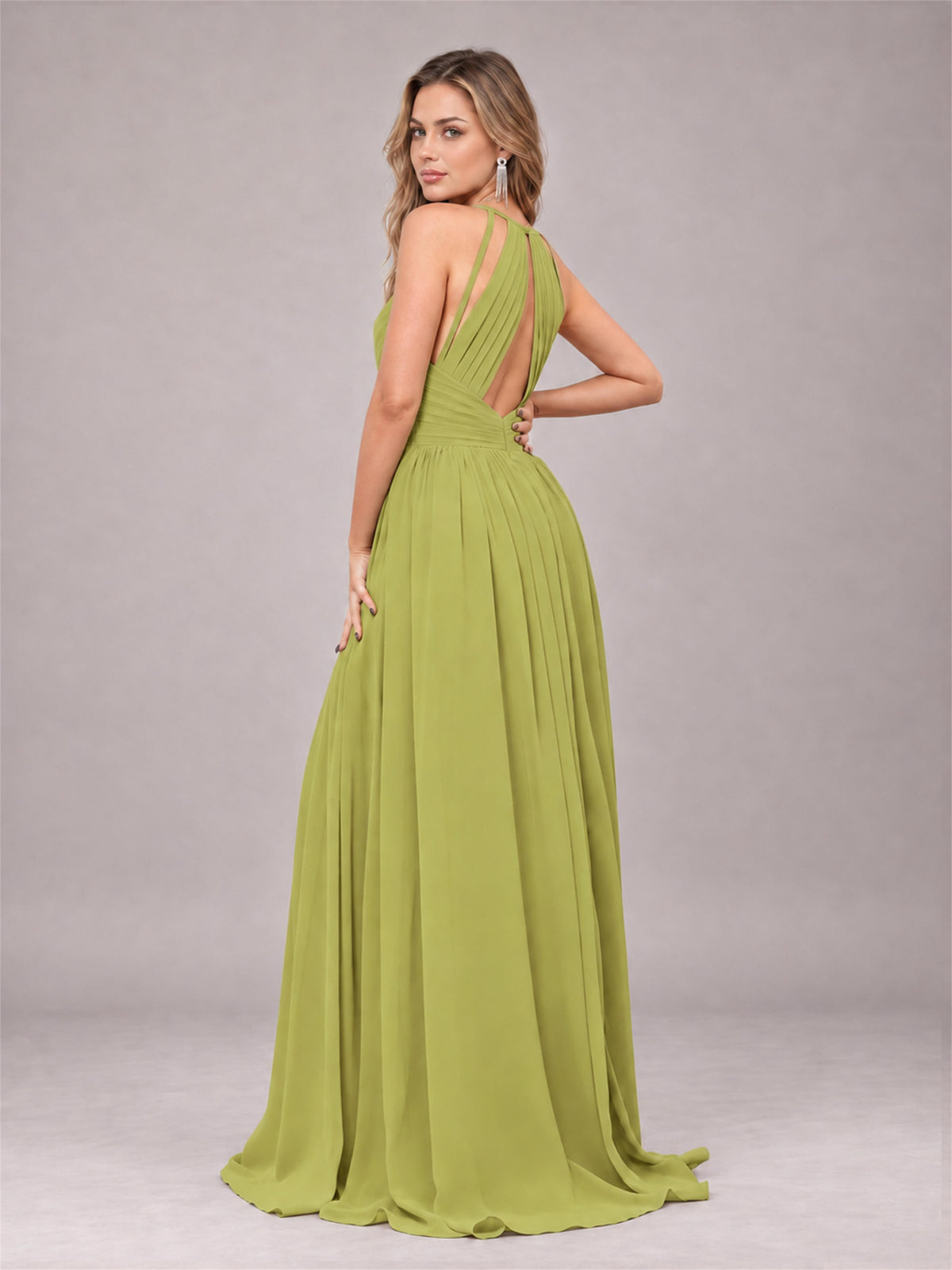 Chartreuse Trendy V-Neck Spaghetti Straps Long Chiffon Bridesmaid Dress