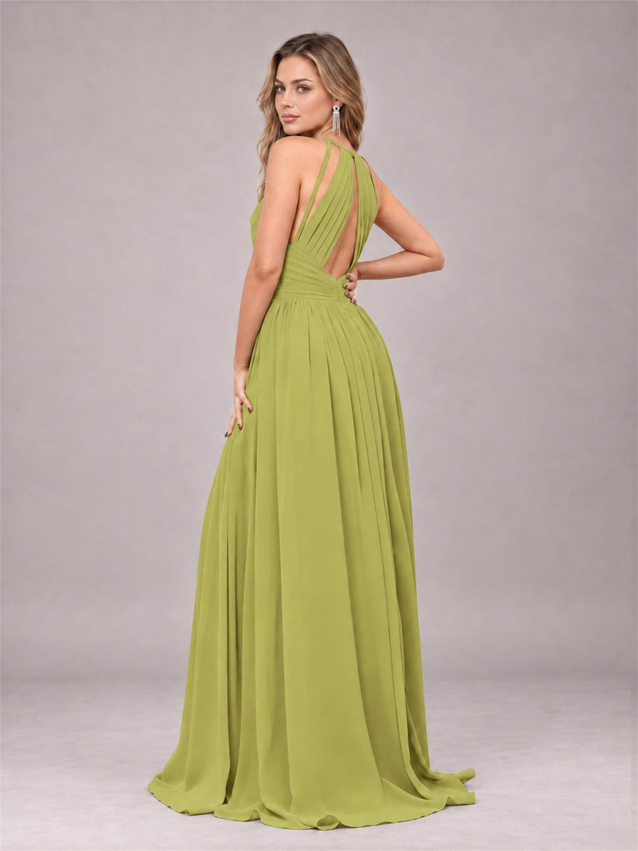 Chartreuse Trendy V-Neck Spaghetti Straps Long Chiffon Bridesmaid Dress