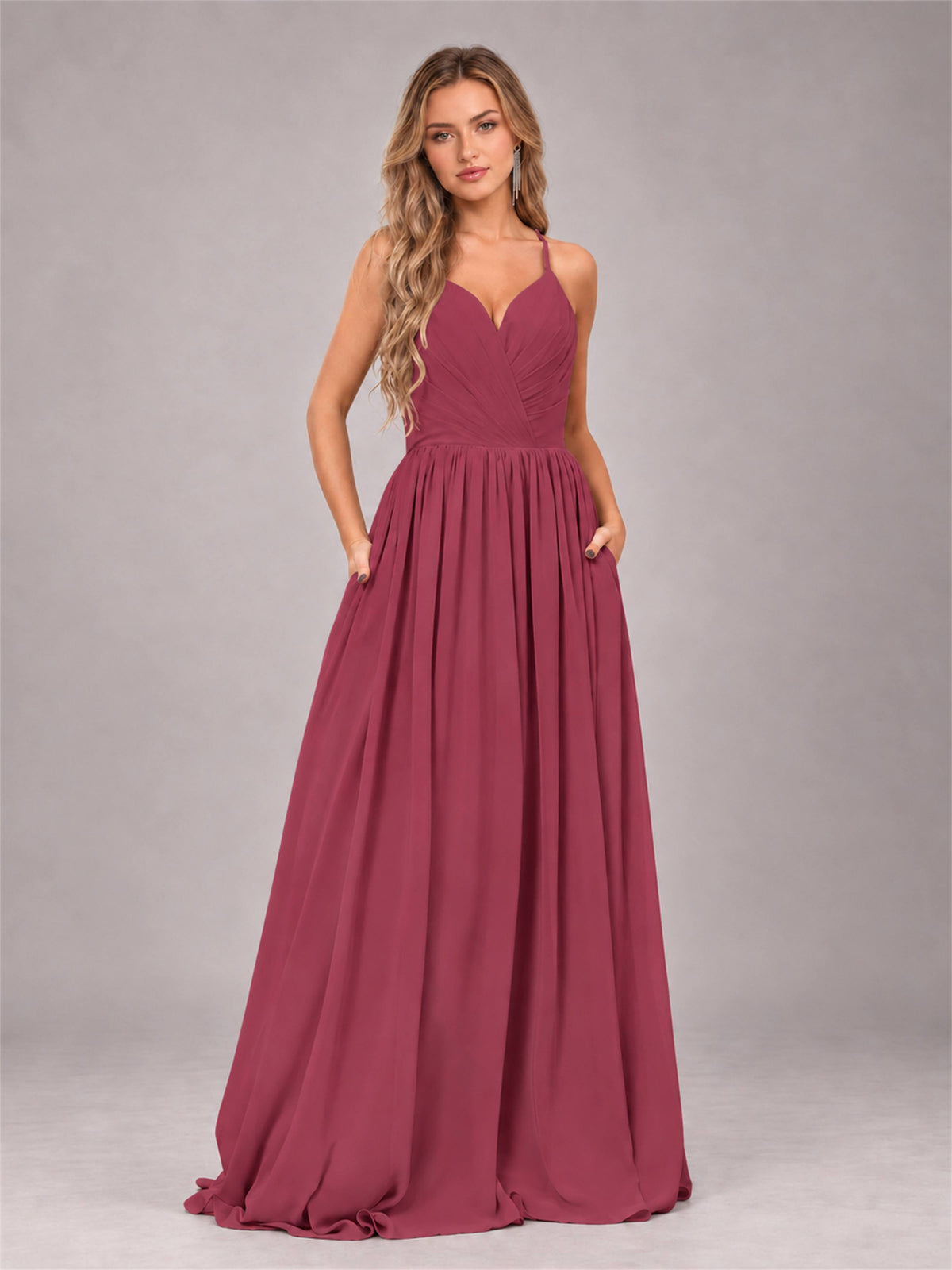 Cinnamon Rose Trendy V-Neck Spaghetti Straps Long Chiffon Bridesmaid Dress