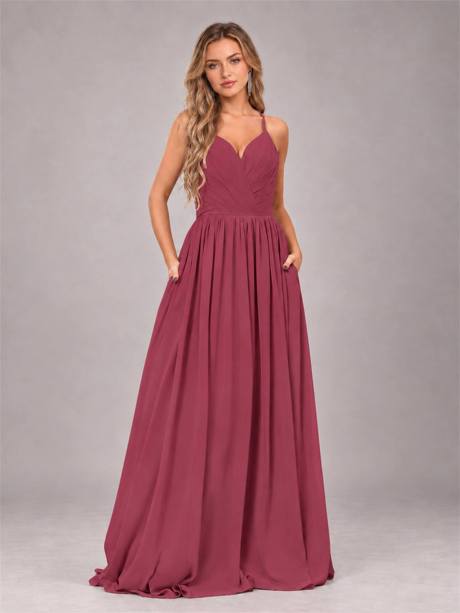 Cinnamon Rose Trendy V-Neck Spaghetti Straps Long Chiffon Bridesmaid Dress