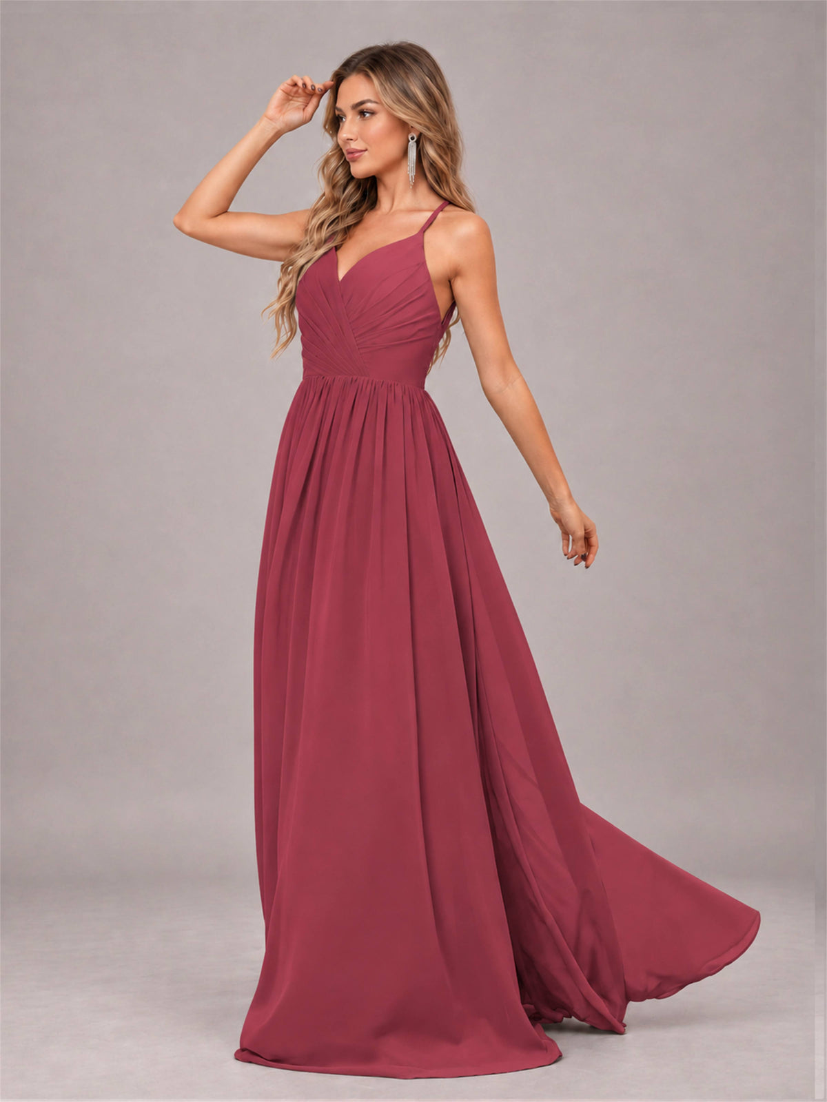 Cinnamon Rose Trendy V-Neck Spaghetti Straps Long Chiffon Bridesmaid Dress