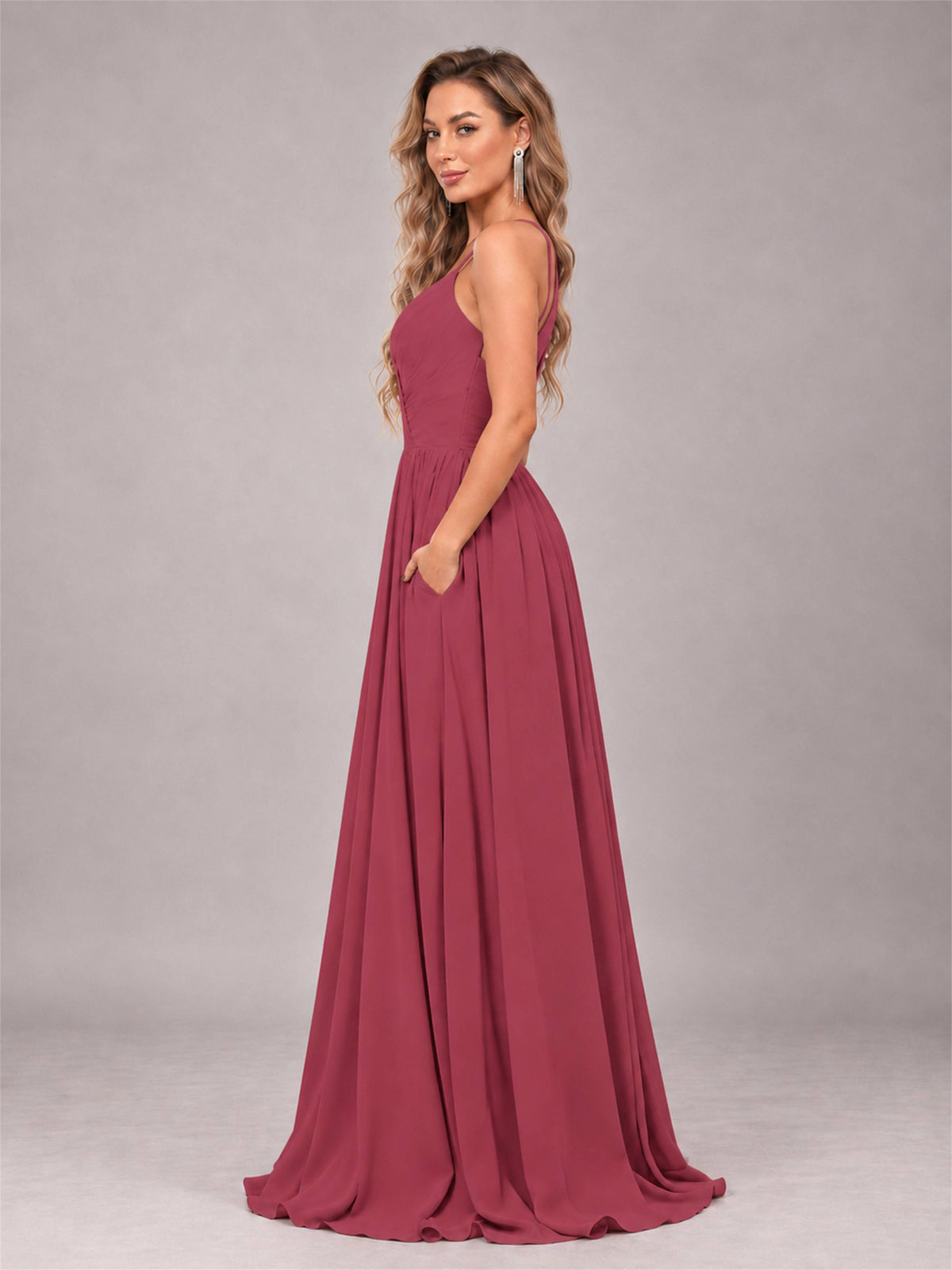 Cinnamon Rose Trendy V-Neck Spaghetti Straps Long Chiffon Bridesmaid Dress