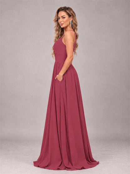 Cinnamon Rose Trendy V-Neck Spaghetti Straps Long Chiffon Bridesmaid Dress