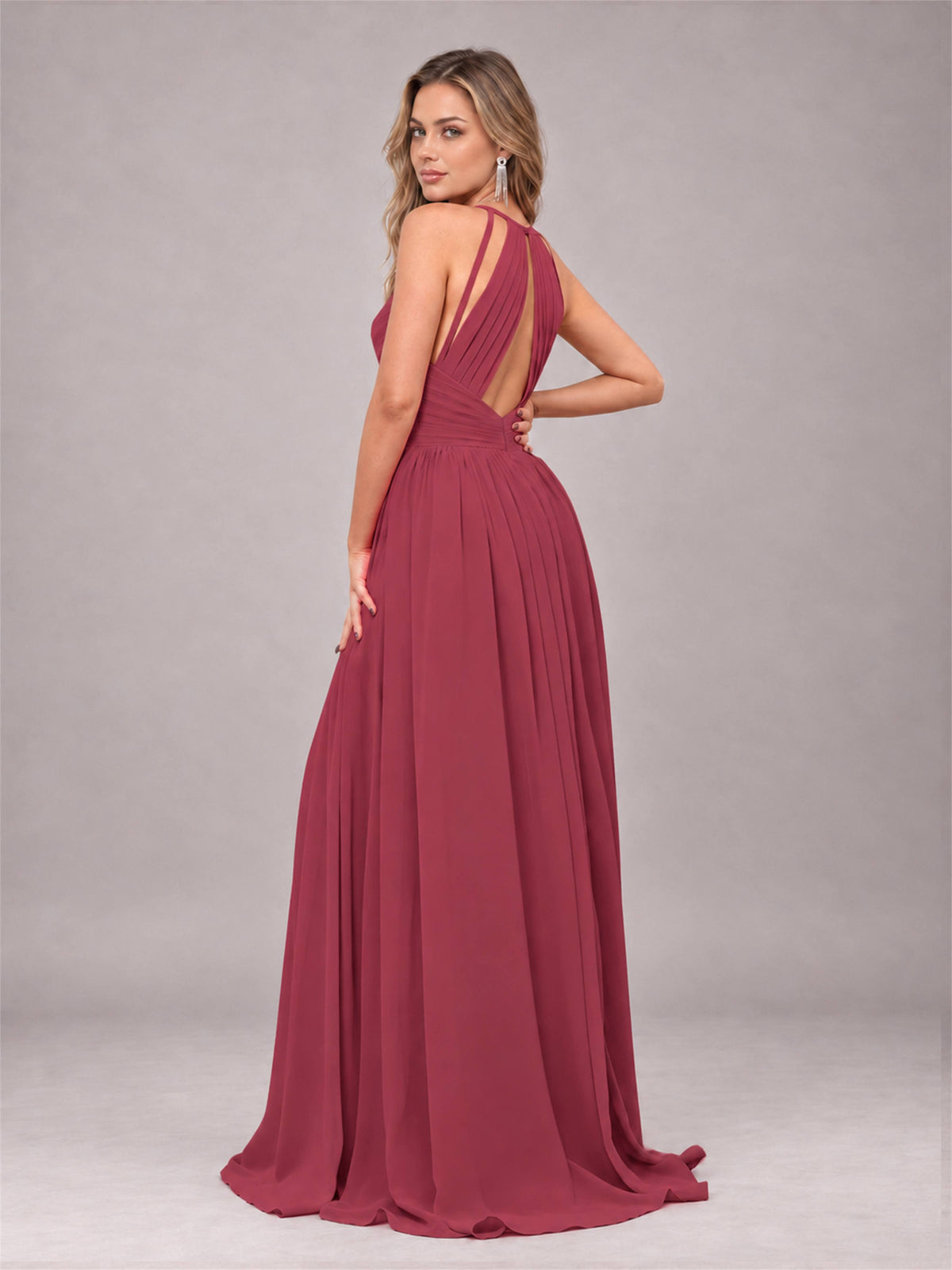 Cinnamon Rose Trendy V-Neck Spaghetti Straps Long Chiffon Bridesmaid Dress