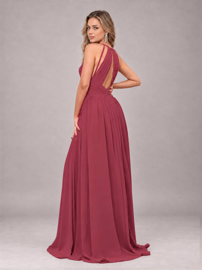 Cinnamon Rose Trendy V-Neck Spaghetti Straps Long Chiffon Bridesmaid Dress