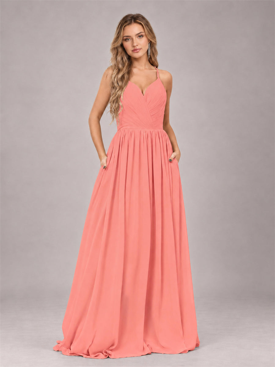 Coral Trendy V-Neck Spaghetti Straps Long Chiffon Bridesmaid Dress
