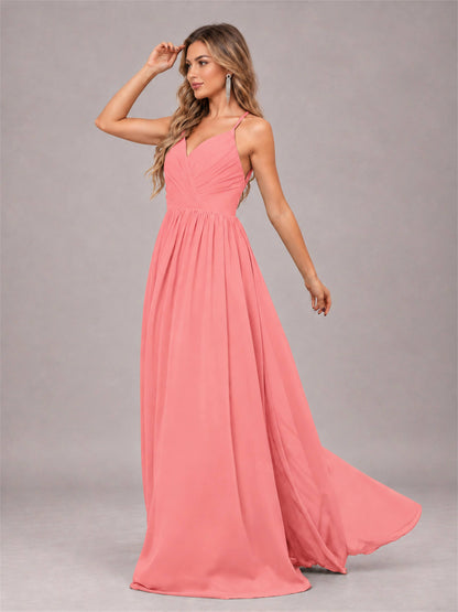 Coral Trendy V-Neck Spaghetti Straps Long Chiffon Bridesmaid Dress
