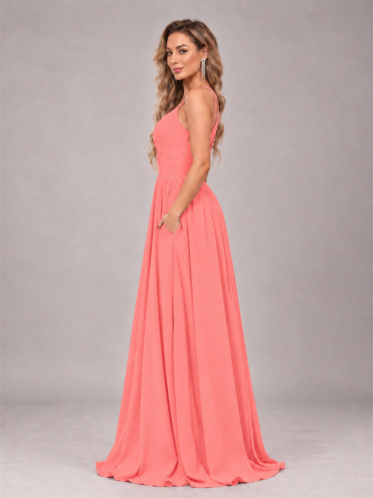 Coral Trendy V-Neck Spaghetti Straps Long Chiffon Bridesmaid Dress