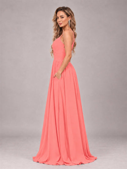 Coral Trendy V-Neck Spaghetti Straps Long Chiffon Bridesmaid Dress