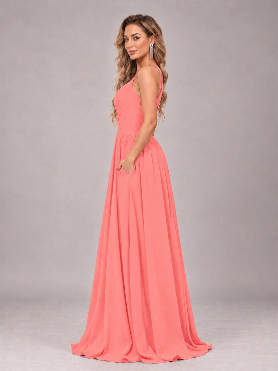 Coral Trendy V-Neck Spaghetti Straps Long Chiffon Bridesmaid Dress