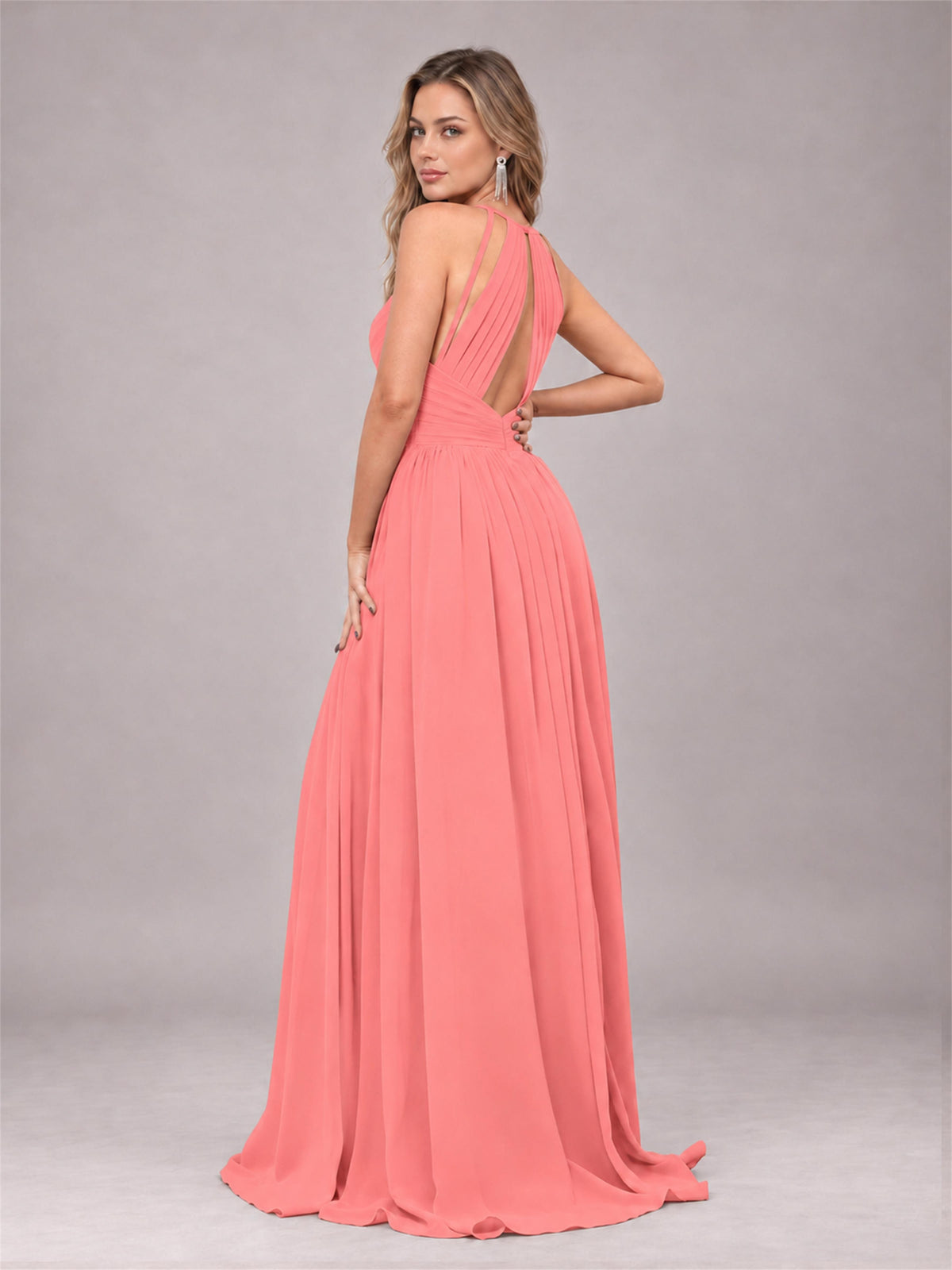 Coral Trendy V-Neck Spaghetti Straps Long Chiffon Bridesmaid Dress