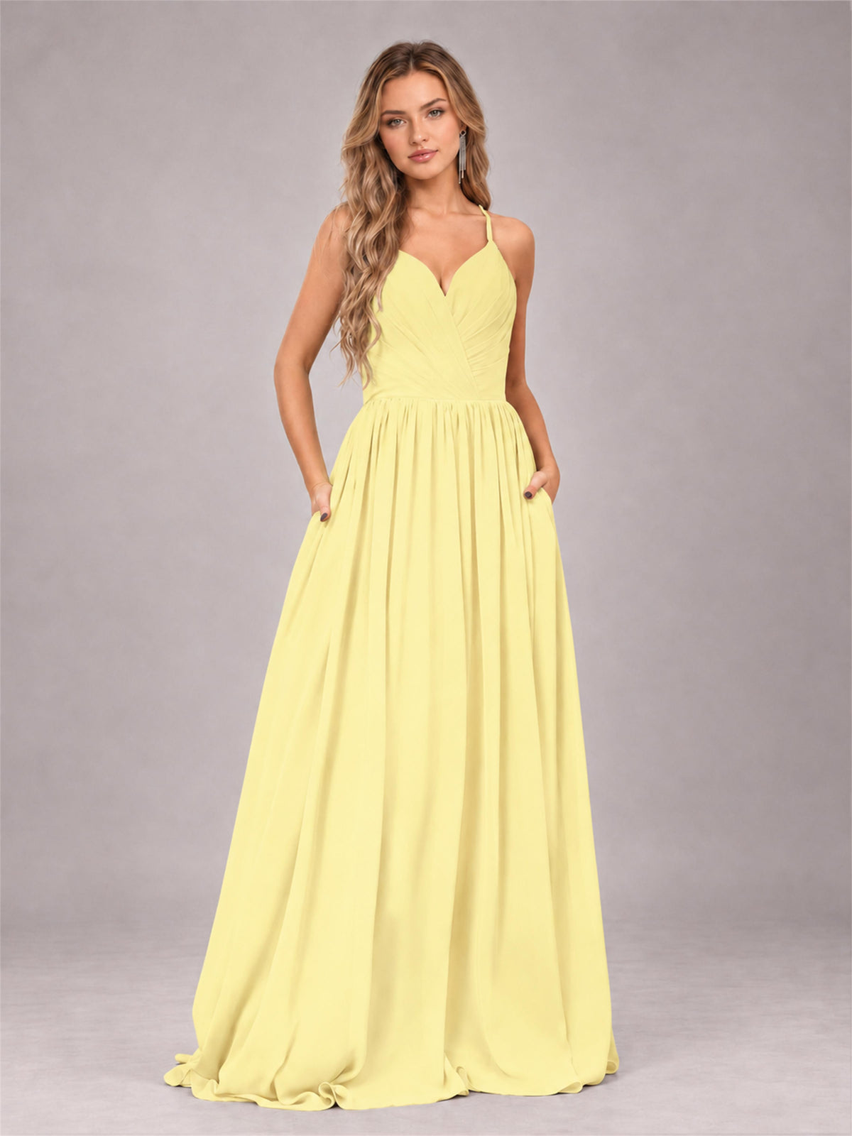 Daffodil Trendy V-Neck Spaghetti Straps Long Chiffon Bridesmaid Dress