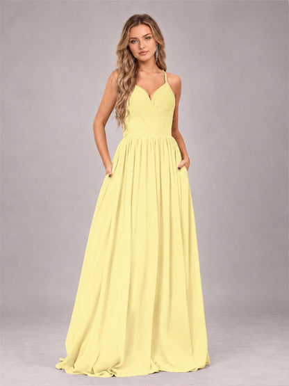 Daffodil Trendy V-Neck Spaghetti Straps Long Chiffon Bridesmaid Dress