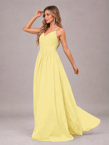 Daffodil Trendy V-Neck Spaghetti Straps Long Chiffon Bridesmaid Dress