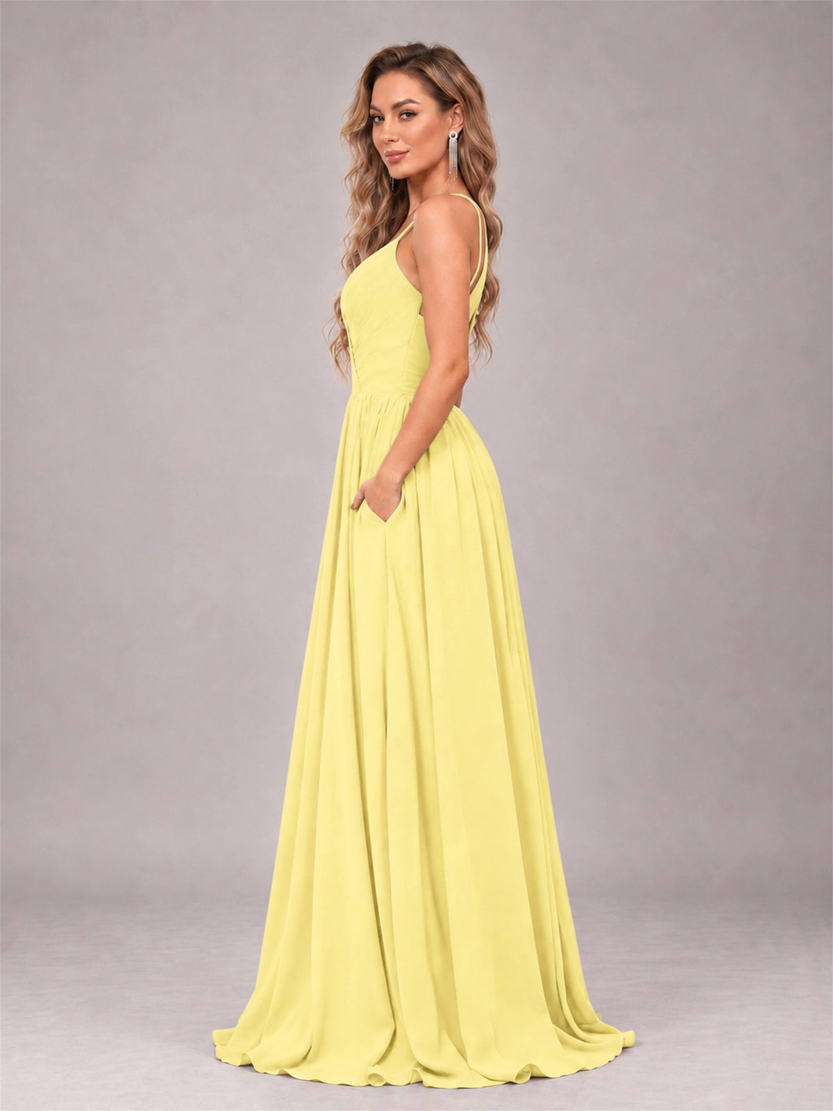 Daffodil Trendy V-Neck Spaghetti Straps Long Chiffon Bridesmaid Dress