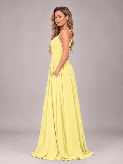 Daffodil Trendy V-Neck Spaghetti Straps Long Chiffon Bridesmaid Dress