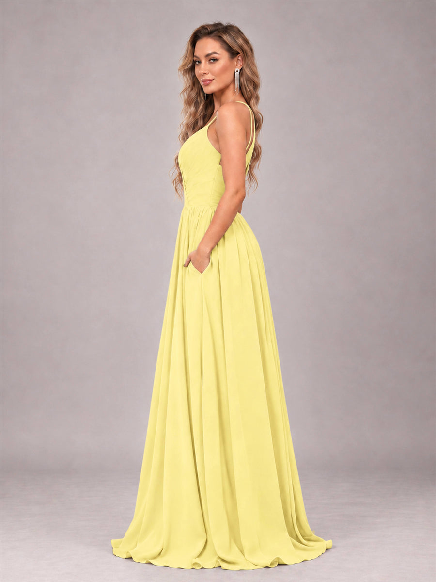 Daffodil Trendy V-Neck Spaghetti Straps Long Chiffon Bridesmaid Dress