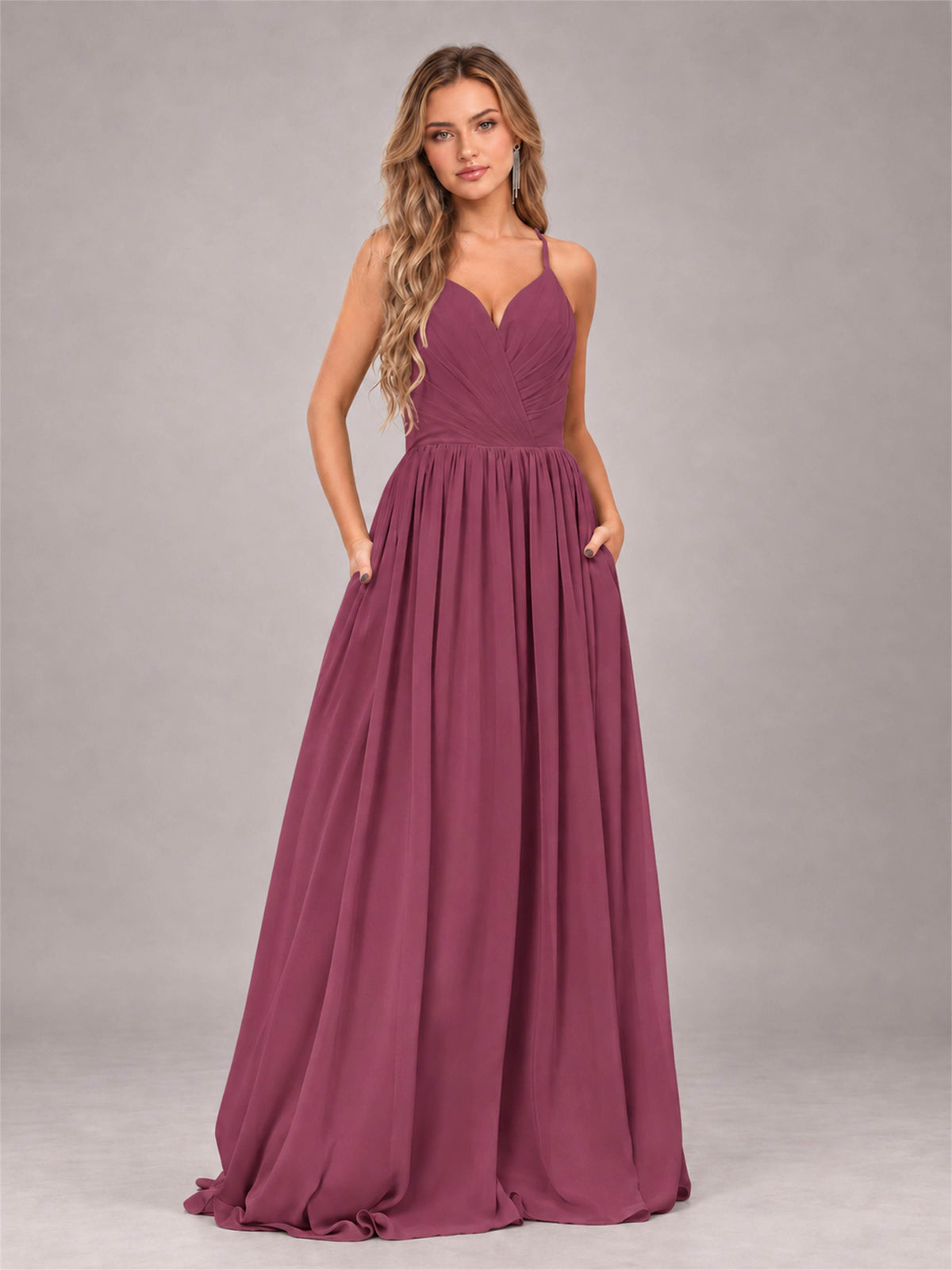 Desert Rose Trendy V-Neck Spaghetti Straps Long Chiffon Bridesmaid Dress