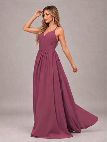 Desert Rose Trendy V-Neck Spaghetti Straps Long Chiffon Bridesmaid Dress
