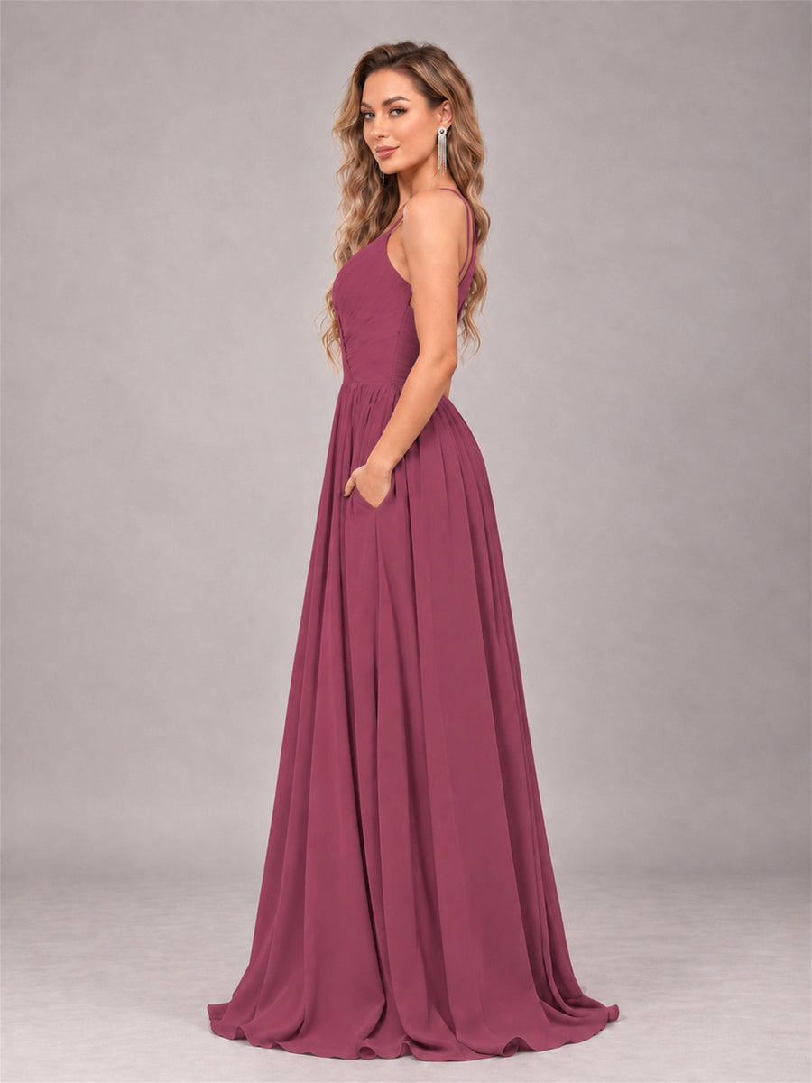 Desert Rose Trendy V-Neck Spaghetti Straps Long Chiffon Bridesmaid Dress