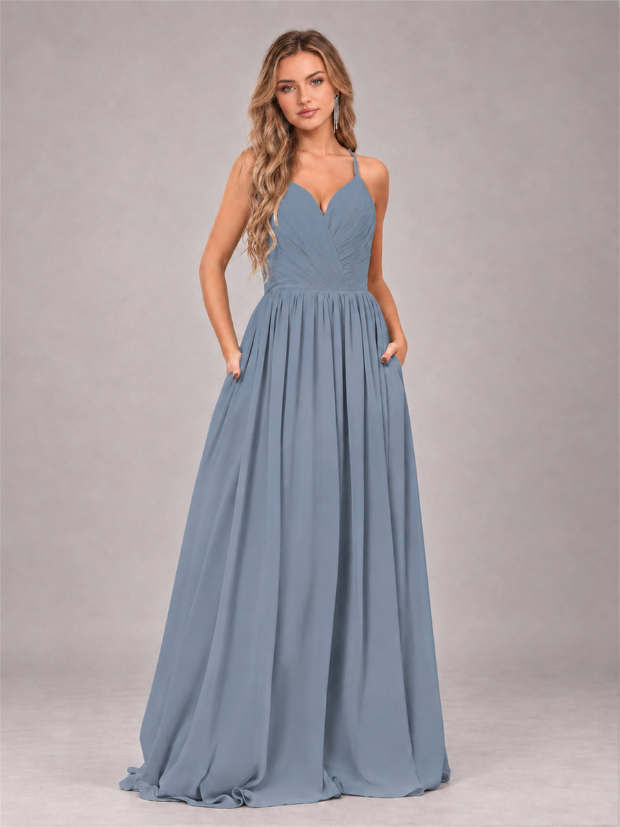 Dusty Blue Trendy V-Neck Spaghetti Straps Long Chiffon Bridesmaid Dress