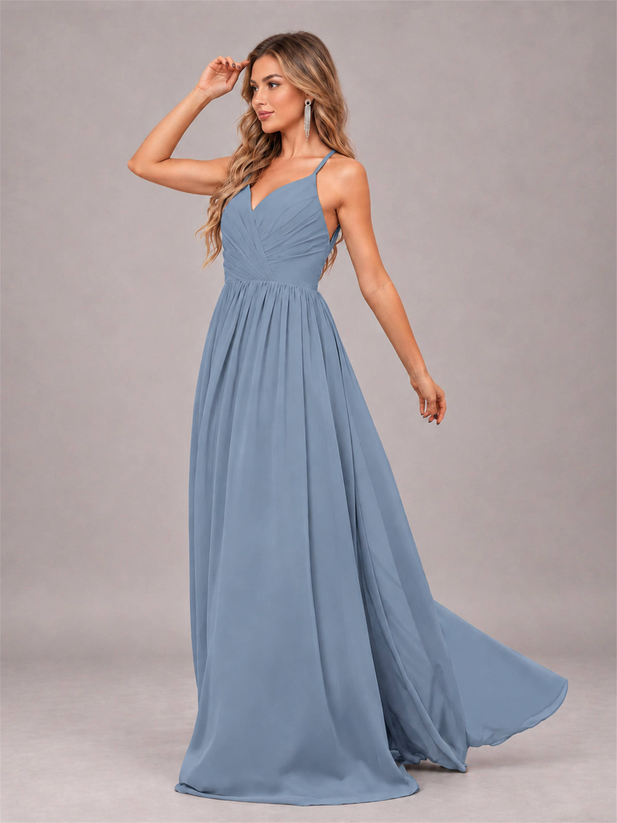 Dusty Blue Trendy V-Neck Spaghetti Straps Long Chiffon Bridesmaid Dress